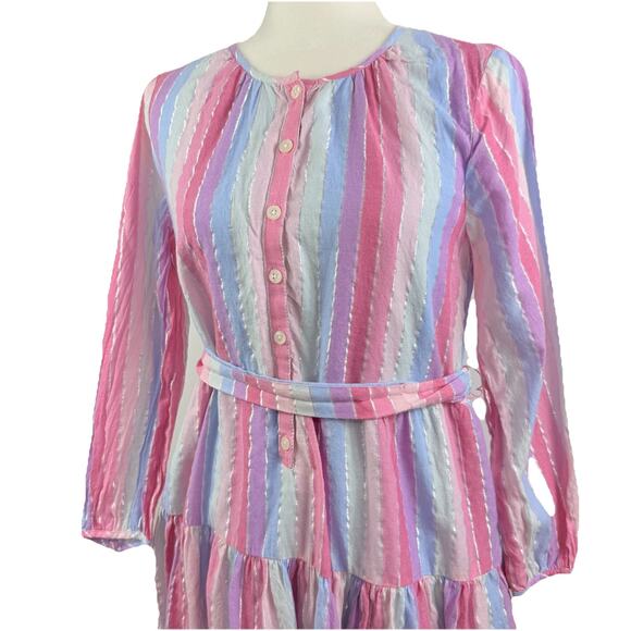 J Crew Veda Pastel Stripe Metallic Thread 100% Cotton Belted Dress Small Pockets - Picture 5 of 13